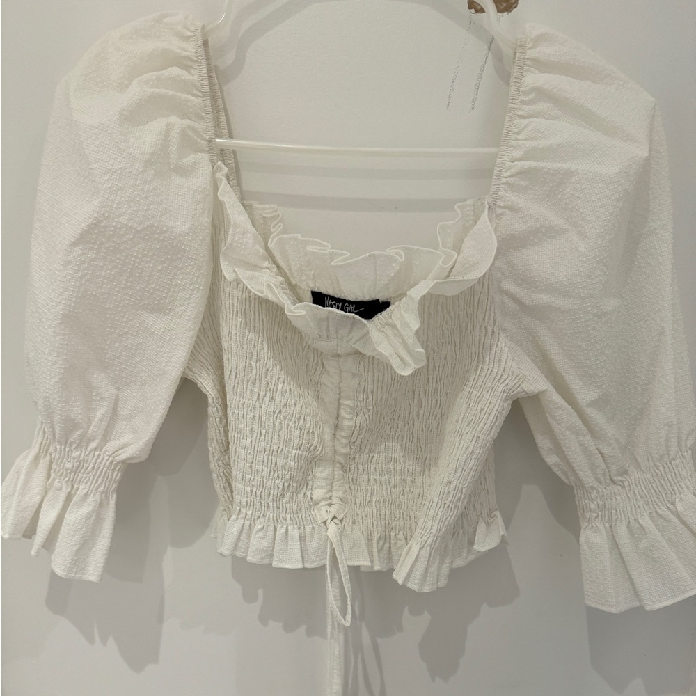 Nasty Gal white tie cropped puff sleeve blouse
